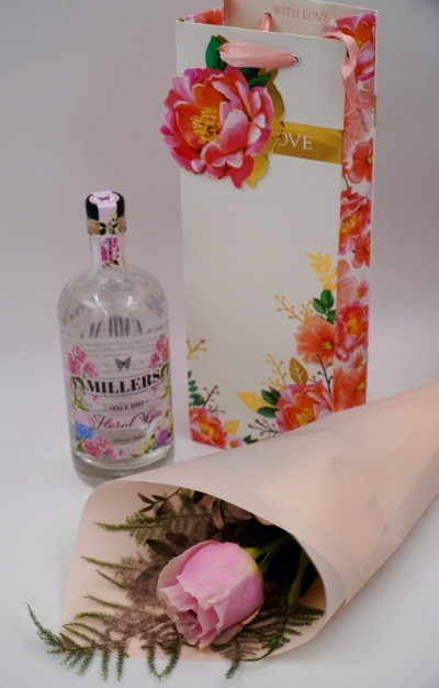Millers Floral Gin, Single rose and Peonie Gift bag package